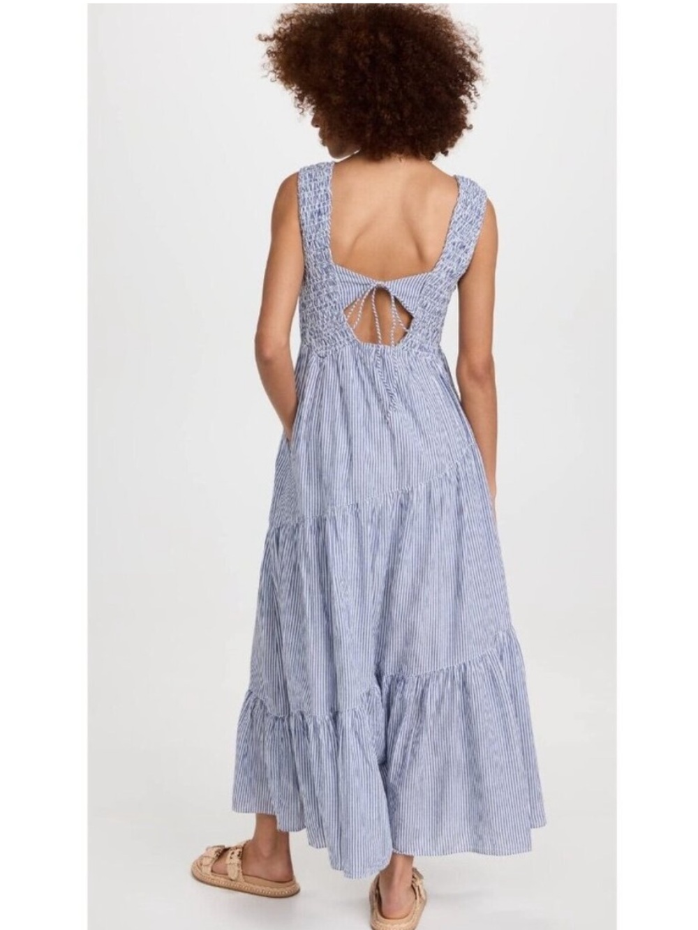 NWT Free People Juno Maxi Dress M Blue Ivory Stripe Smocked Cotton Pockets - Picture 2 of 10